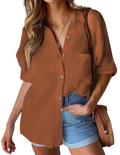 Hotouch Chemisier Femme Élégante Chemise à Manches Longues Chemise Boutonnée Décontractée Col en V Décontractée Chemisier Marron M