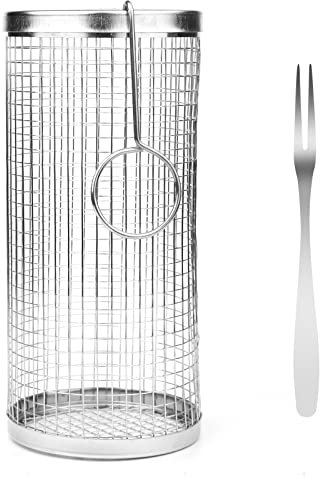 Rolling Grilling Basket, Stainless Steel BBQ Vegetable Grill Basket BBQ Cylinder Grilling Baskets for Outdoor Grilling Roller Grill Net Accessories for Outdoor Barbecue Camping (with Hook and Fork)