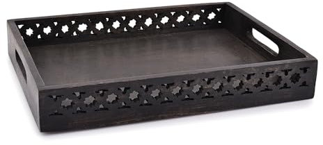 Samhita Serving Platters Mango Wood Rectangular Serving Platters, Wood Plate, Tea/Drink Platter, Dinner Serving Tray, Snack Tray (Black) (35.56cm x 27.94cm x 5.08cm)