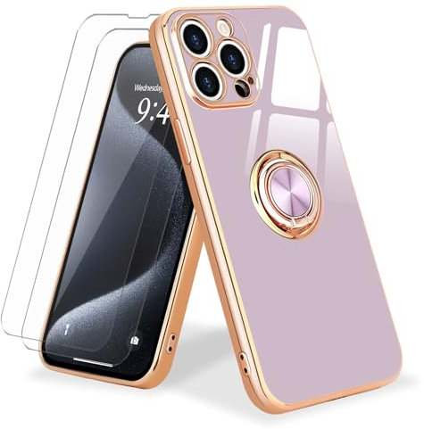 Urarssa for iPhone 15 Pro Max Case with Ring Holder 360 Degree Rotation Finger Magnetic Car Stand Case Shockproof Plating Silicone Phone Cover for iPhone 15 Pro Max, Purple