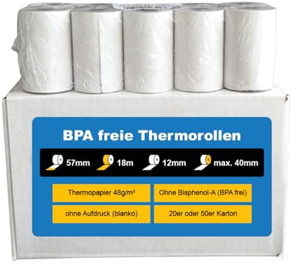 Gebongt24 Thermorollen 57 mm x 18 m x 12 mm mit 48g/m² – SEPA-Lastschrifttext auf der Rückseite – 20 Kassenrollen mit ⌀ 36 mm – für EC-Cash & Kassenbondrucker