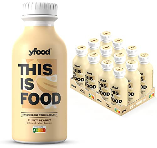 yfood Trinkmahlzeit Funky Peanut - 12 x 500 ml für unterwegs & stressige Tage - vollwertig & ready-to-drink mit 34g Protein, 26 Vitaminen und Mineralstoffen - inkl. 3,00 € Pfand