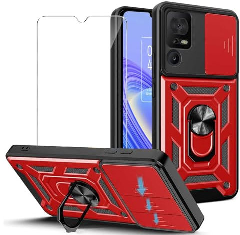 JDXHFF Cover Compatibile con TCL 40 SE (6.75) e 1 Pezzi Pellicola Protettiva in Vetro Temperato - Hard PC e Silicone TPU Custodia con Supporto Girevole a 360° Protezione Case Rosso