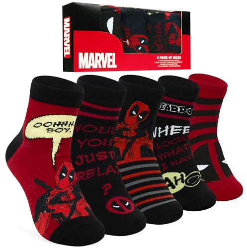 Marvel Socken Herren, Ankle Socks im 5er-Pack, Weich & Atmungsaktiv - Geschenke für Männer (Schwarz/Rot Deadpool)
