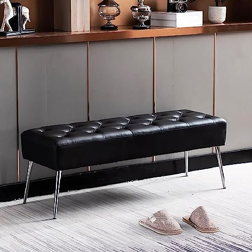 ASHILD Bettbank mit Metallbeinen, gepolsterte Schlafzimmerbank, Ottomane-Sitzbank aus Leder, Moderne Multifunktions-Schuhbank, Eingangsbank, Esszimmerbank, Schwarz, 60 x 40 x 45 cm (24 x 16 x 18 Zo