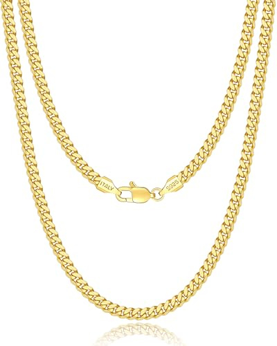 Eterjew Italienische Halskette aus massivem 18-karätigem Gold über 925er-Sterlingsilber, für Männer, Frauen, Jungen, 3,5 mm dick, diamantgeschliffen, kubanische Gliederkette für Männer und Frauen
