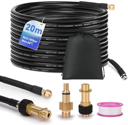 20M/65.6FT Pressure Washer Drain Pipe Cleaning Hose Cleaning Kit with 2 Adapter and Rigid Jet Nozzle, Compatible with Karcher K2, K3, K4, K5, K6, K7 and LAVOR Pressure Washer, 180 Bar