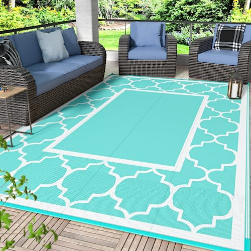 GENIMO Outdoor Rug Garden Rugs Outdoor Waterproof Reversible Washable UV Resistant Carpet Modern Large Area Rugs for Patios, Garden, RV, Picnic, Backyard, Balcony, 180x275cm, A-Aquablue