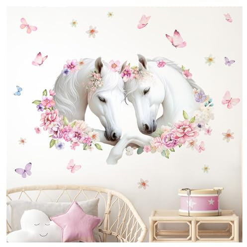 Little Deco Wandsticker Pferdekopf mit Blumen Wandtattoo personalisiert Pferde ohne Namen Mädchen Wandaufkleber Kinderzimmer Babyzimmer Rosa Wanddeko DL5025-02