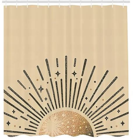 ABAKUHAUS Boho Duschvorhang, Mid Century Modern Design Sonnenillustration mit minimalistischen Streifen, Stoffliches Gewebe Badezimmerdekorationsset mit Haken, 175 x 200 cm, Champagner Tan Dunkelgrau