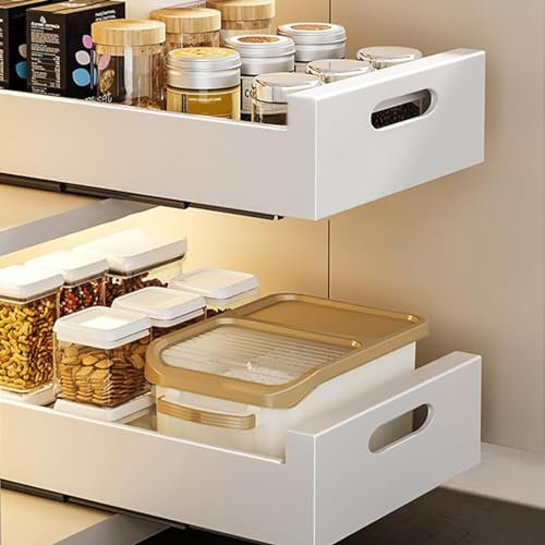 HAMON Ausziehbare Schublade Küche 25cm, Teleskopschublade Nachrüsten, Pull Slide Out Drawer Weiß, Kohlenstoffstahl Ausziehbarer Schrank Organizer Kein Bohren und Nageln Erforderlich