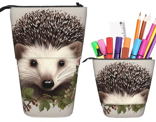 Teleskop-Federmäppchen, Igel im Blumenkranz, Stehendes Federmäppchen, Pop-Up-Stifthalter, einziehbares Federmäppchen, Aufbewahrung, Schreibwaren, Organizer, tragbare Make-up-Tasche mit Reißverschluss