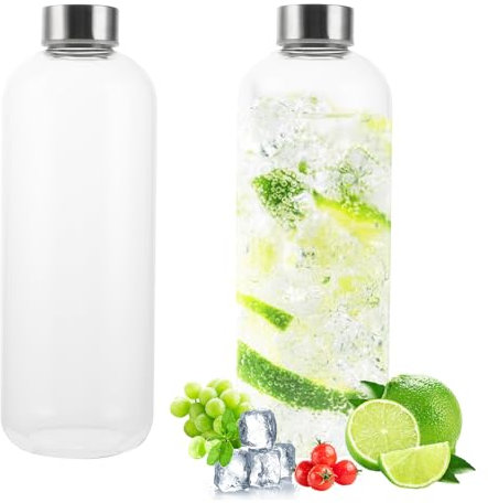 Oungy 2 Stück Wasserflasche 1l Glastrinkflasche, Glasflasche 1 Liter Trinkflasche Glas 1l 2er set aus Borosilikat Glas - mit Neoprenhülle 1000ML/35OZ Groß Glasen - spülmaschinenfest