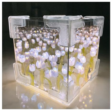 YiKAiLi Tulpen Nachtlicht, DIY Tulpenwürfel Spiegel Lampe, LED Blumen Tulpen Licht Schreibtischlampe mit Einstellbarer Helligkeit & USB-Aufladung für Tisch Schlafzimmer Heim Dekoration (Lila)