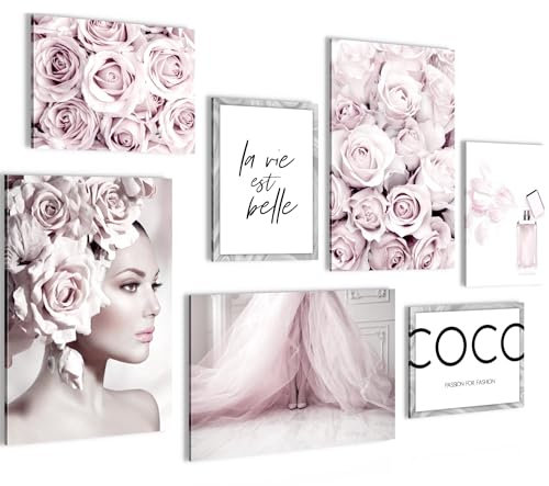 Novart PRÊT À ÊTRE ACCROCHÉ - Tableaux Decoration Set Coco Fashion Gris Rose - Salon Fille Adolescents XXL Collage - N000772a
