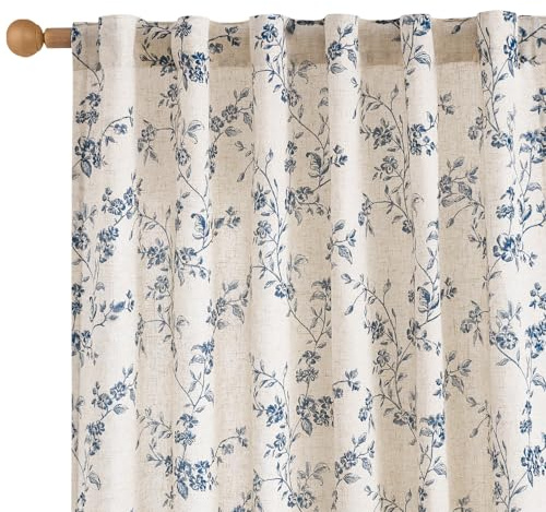 Lazzzy Leinen-Vorhänge im Bauernhaus-Stil, Blumenmuster, 160 cm Länge, Schlaufen auf der Rückseite, Vorhänge für Wohnzimmer, Schlafzimmer, Lichtfilterung, Landhausstil, Vintage, Stangentaschenvorhang