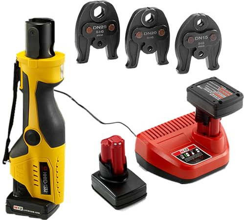 HTIANMM Kompaktes Presswerkzeug-Set mit DN15-, DN20-, DN25-Matrizen, 2 Akkus und Ladegerät, kabelloses Sanitärrohr-Presswerkzeug-Set, für Kupferrohre und Edelstahlrohre,1series