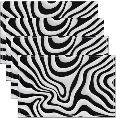 Satz Von 4-Weißen Schwarzen Zebra-Druck-Tischsets Marmor-Textur-Tischmatten Flüssige Geometrie-Platzmatten Ästhetik Abstrakte Kunst wasserdichte Tischsets Für Esstisch,45Bx30L