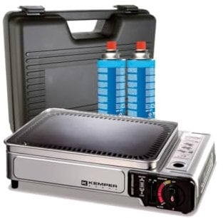 KEMPER - Plancha de gas portátil de 2300 W, placa antiadherente + 2 cartuchos de gas camping + maleta de transporte
