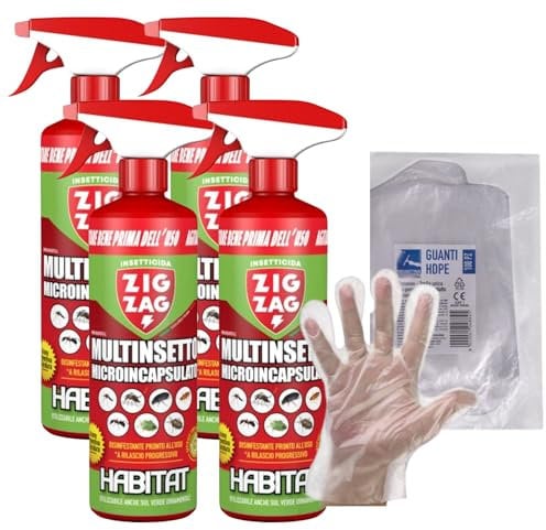ZigZag Insetticida Spray Multinsetto Microincapsulato. Inodore, Ideale Per Cimici, Zanzare, Scarafaggi, Formiche, Prodotto a Lento Rilascio 500ml+OMAGGIO 100pz Guanti HDPE Monouso (4 Spray+1CF Guanti)