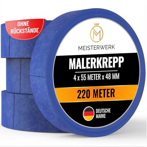 MEISTERWERK Malerkrepp für Malerarbeiten - (OHNE RÜCKSTÄNDE) - 220 Meter Kreppband (48mm Breite) - Rutschfestes Abklebeband für sauberes Renovieren, Streichen & Lackieren