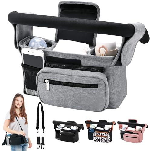 HINATAA Buggy Kinderwagen Organizer, Baby Kinderwagen Tasche mit 2 Getränkehalter, Buggy Organizer Kinderkarre mit Schultergurt & 2xSecure Hooks, Kinderwagen Zubehör mit Reißverschlusstasche (Grau)