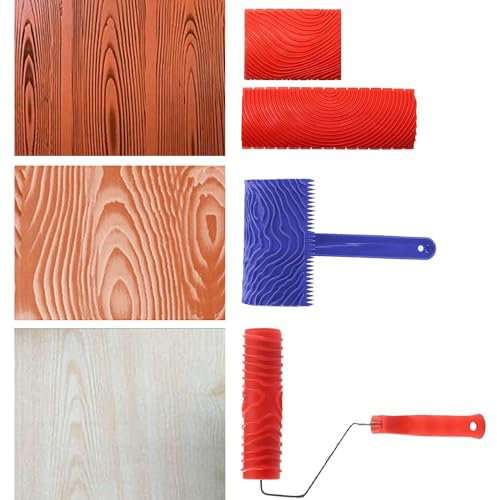 Outil à grain de bois, outil de peinture en caoutchouc pour décoration murale, décoration murale DIY, lot de 4, rouge, bleu