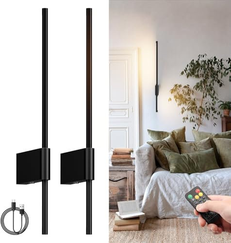Aipsun 2 Stück LED Akku Wandleuchte mit Fernbedienung innen, 6000mAh, 5W, 60CM, 3 Farbtemperatur und Timing-Funktion, [kabellose wandleuchten], für Schlafzimmer Schminktisch TV-Wand (Schwarz)