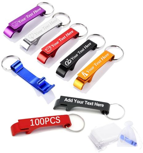 BEXOA 100pcs Personalised Bottle Opener - Customised Engraved Text/Logo Beer Bottle Opener Keychain Bulk Wedding Favours for Guests Party Gifts (100)