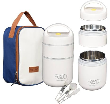 MYKOUR Boîte Repas Isotherme 680ml en Acier Inoxydable - Thermos Alimentaire 2 Compartiments pour Repas Chaud 12h/Froid 24h - Boîte Thermos pour Repas Chaud avec Sac, Couverts et Poche de Rangement