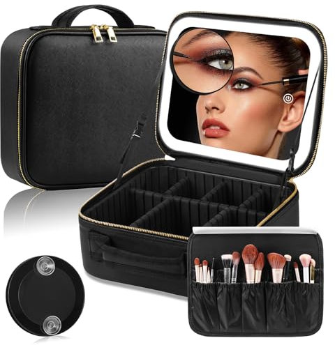 Travel Makeup Bag with LED Mirror,Makeup Case with Lighted Mirror 3 Color Setting,Waterproof Makeup Box with 10X Magnifying Mirror,Black Travel Makeup Organizer