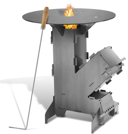 Yugodex Horno de cohetes con placa de parrilla Rocket Stove, 2 patas adicionales y gancho para fuego, estufa de leña, barbacoa, camping, camping, cohetes de acero al carbono de 3 mm