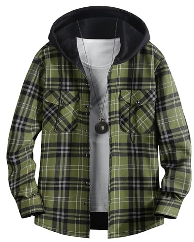 QIXING Felpa con cappuccio da uomo in flanella, a quadri, invernale, foderata in pile, calda, a maniche lunghe, con bottoni, con cappuccio, Nero Verde Chiaro, S