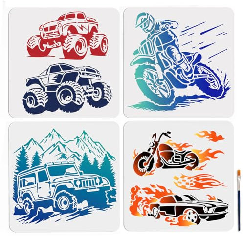 MAYJOYDIY 4 Pochoir de Peinture pour Moto 30×30cm Pochoirs de Vélo de Montagne Tout Terrain avec Pinceau Pochoirs de Flamme de Course Modèles en Plastique Réutilisables pour Murs Meubles Bois Toile