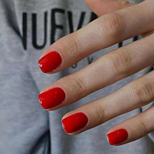 SXVME Light Red Press on Nails Short Square Acrylic Short False Nails Coffin Natural Acrylic Fake Nails Set Elegant Solid Color Full Cover Glossy Gel Stick on Nail for Women Daily Wear 24 Pcs