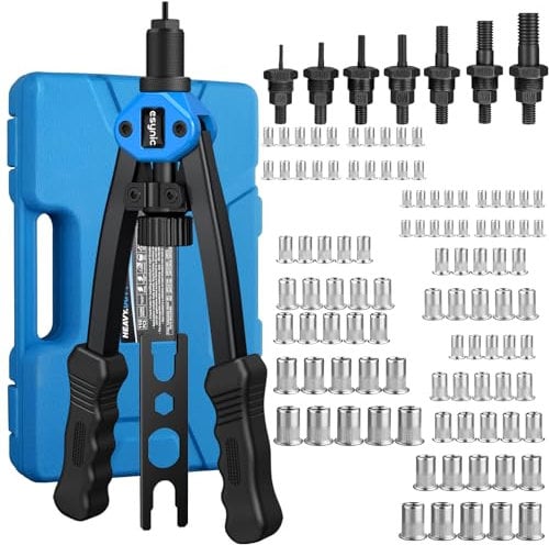 eSynic Kit d'outils à rivets 33 cm avec mandrins à riveter et 100 écrous RIV inclus M3 M4 M5 M6 M8 M10 M12 et étui de transport parfait pour le travail