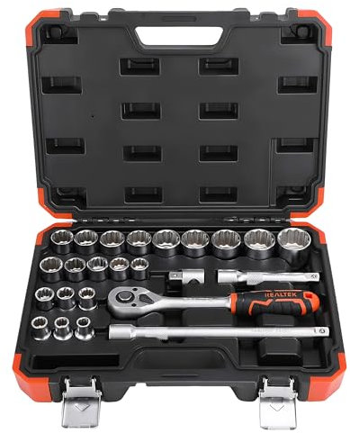 REALTEK 24 Piece Metric Socket Set, 1/2'' Drive Ratchet Wrench Tool with Flexible Extension and Case, CR-V Imperial Sockets for Auto Repairing and Household