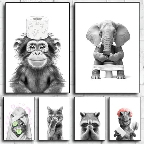 BeiYiHo Affiche Animaux WC Noir et Blanc Deco Toilette WC Toile Singe Grand Tableau Toilette Humour 50x70 Poster Animal WC Photo Salle de Bain Deco Murale Noir