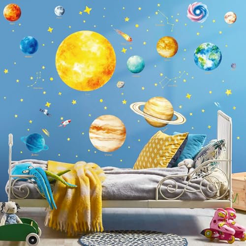 SHUHCING Sonnensystem Wandtattoo, Weltraum Planeten Wandaufkleber, Wandsticker Wanddeko für Wohnzimmer Schlafzimmer Kinderzimmer Babyzimmer Jungenzimmer