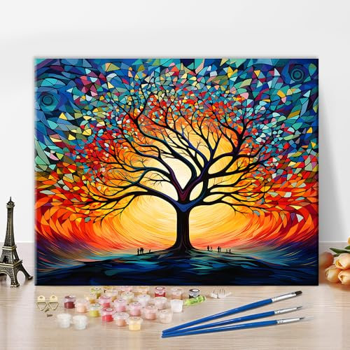 Peinture sur verre abstraite à faire soi-même - Peinture par numéros - Pour adultes - Arbre de vie - Kit de peinture à l'huile sur toile - Pour adultes - Peinture pour cadeau - 40 x 50 cm - Sans cadre