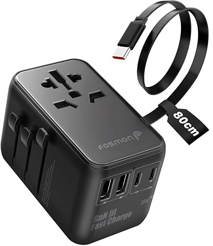 Fosmon Adaptador de Viaje Universal Mundial GAN III 35W con Câble | Chargeur Carga Rápida USB-C Integrado 4 Ports para Prise Internationale UE, UK, USA, EE.UU., AU, Japón, y Tailandia