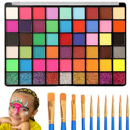 Kinderschminke Set, 54 Farben Kinderschminken Set, Schminke Kinder mit 11 Pinsel, Gesichtsfarben Kinderschminken für Halloween Karneval Make-up Fasching