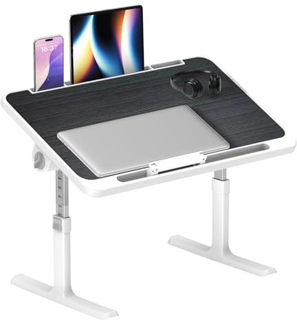 Table de Lit Réglable 60 x 40 cm, Plateau Bureau Pliable pour Ordinateur Portable, Hauteur et Angle Ajustables, Lapdesk Pliable avec Support Tablette, Idéal pour Lit, Canapé, Sol - Noir