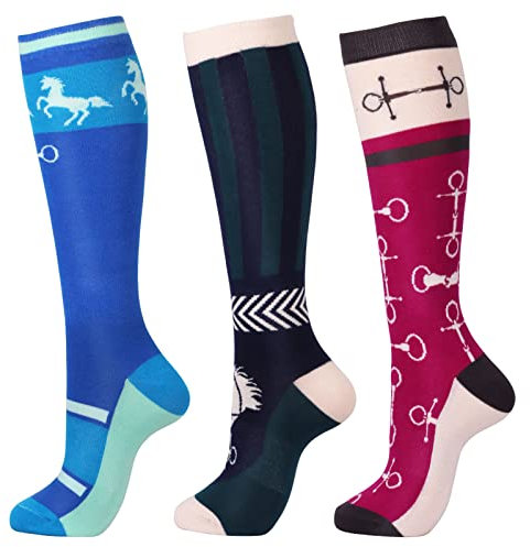 Harrison Howard 3 paia di calzini da equitazione di alta qualità per equitazione e stivali alti, calzini alti al ginocchio da donna, Blu/nero strisce verdi/raccordo rosa rosso, L