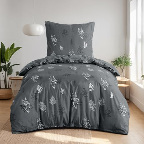 Aisbo Bettwäsche 155x220 Blumen Bettbezug - 2teilig Mikrofaser Bettwäsche-Sets Floral und Blätter Muster Grau mit Reißverschluss, ÖKO-TEX Bettdeckenbezug 155x220cm mit Kissenbezug 80x80cm