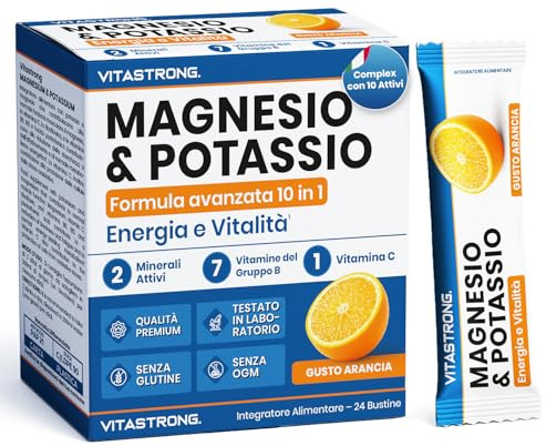 Magnesio e Potassio Vitastrong Formula 10-in-1, Potassio e Magnesio Bustine Integratore Multivitaminico 24 Stick con Vitamina C e Vitamine del Gruppo B, Senza Saccarosio, OGM, Glutine, Gusto Arancia