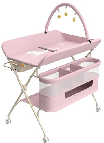Fasciatoio Pieghevole Neonato, Fasciatoio Portatile con Altezza Regolabile, con Cintura di Sicurezza, 4 Ruote Bloccabili, Portata 25 kg,75 * 68 * 83-91 cm (B) Rosa