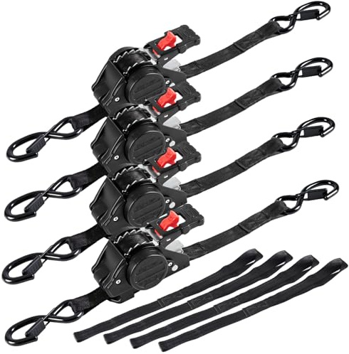 IAZZCO Automatik Spanngurt mit S Haken, TÜV/GS Zertifiziert, Schwarz/4 Set | 3 m x 25 mm, 816 kg Bruchlast & EN 12195-2, Automatisch einziehbarer Ratschen-Spanngurt, für Motorrad, Auto & Transport