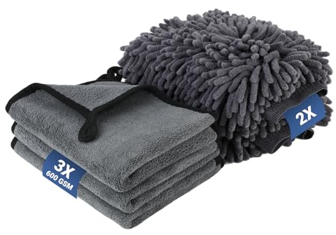 IMALPQPP Kit Limpieza Coche con 2 Guantes y 3 Bayetas Microfibra – Toalla Secado Coche 600 gsm Extra Suave, 40×30 cm