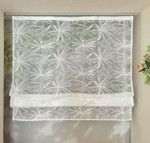 Vordesack Amerikanische Jacquard Raffrollo mit Ahornblatt Muster transparente Raffgardine mit Klettband Vorhang Rollo ohne Bohren Modern Weiß 1 Stück Höhe x Breite 140x140cm